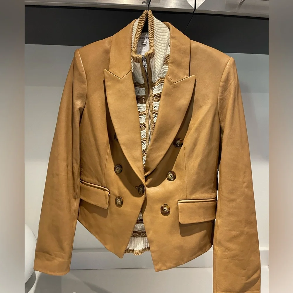 $268 NWT Veronica Beard Ariana Dickey Jacket insert dual zip tan white stripe - Picture 2 of 10